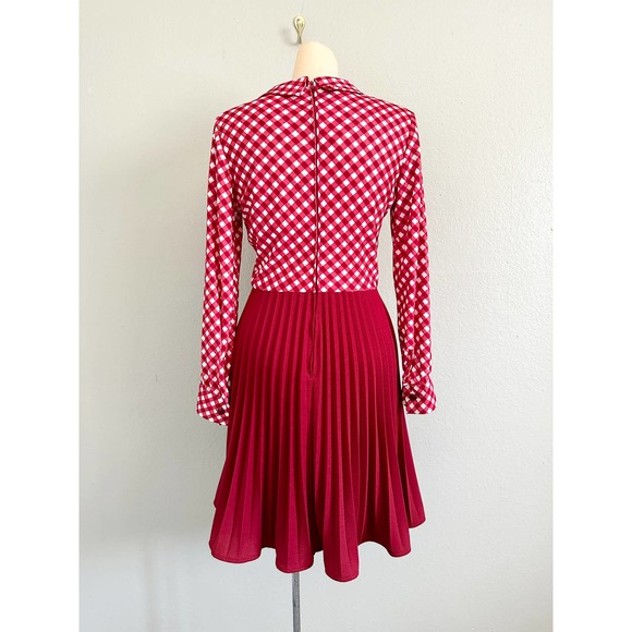 Vintage 60s 70s Red Check Skater Accordion Pleated Dagger Collar Mod Red Dress - Picture 7 of 15